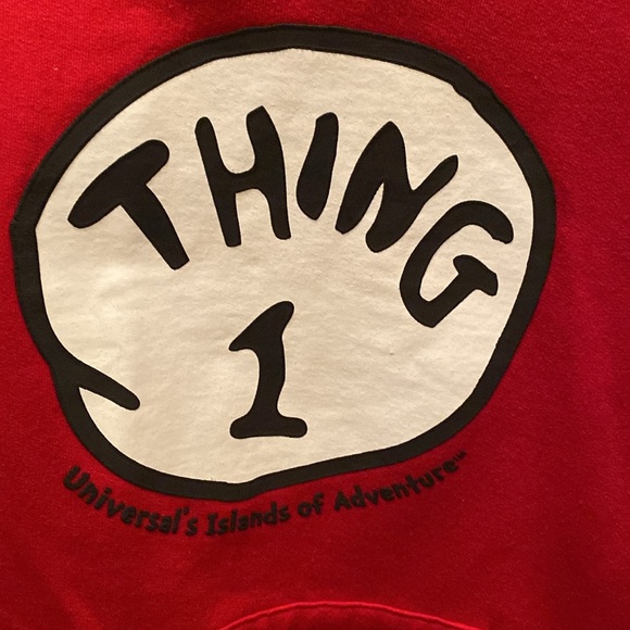 Universal Studios Fruit o/t Loom “THING 1” Hoodie Long Sleeve Red Sz S Pre-owned - Picture 2 of 4